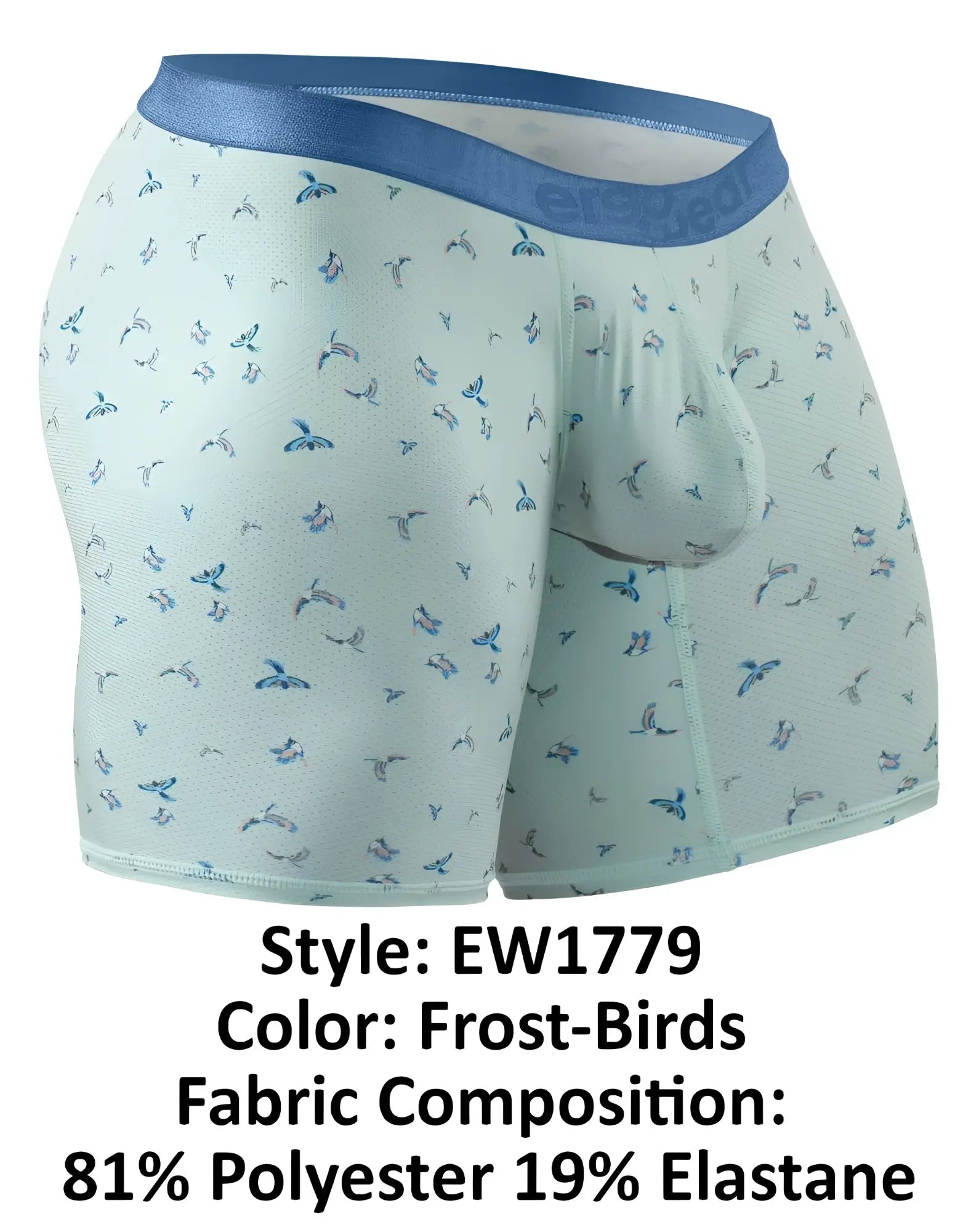 Light blue ergo wear ew1779 slk se boxer briefs with subtle dark blue and gray stylized bird pattern