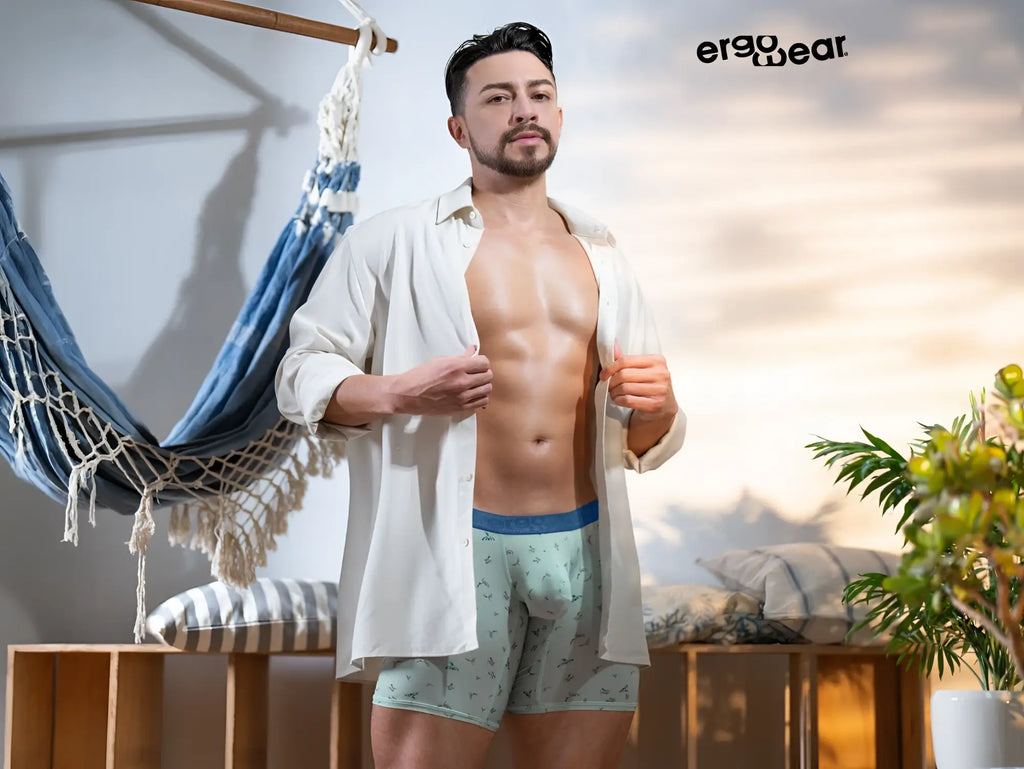 ErgoWear EW1779 SLK SE light green patterned boxer briefs with blue waistband made from soft fabric color frost-birds