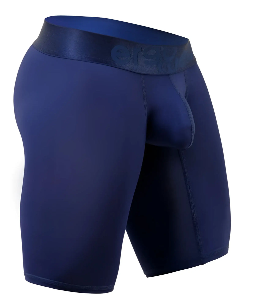 Navy blue men’s boxer briefs with matching elastic waistband featuring org logo from Ergowear EW1781 Max Bold athletic shorts