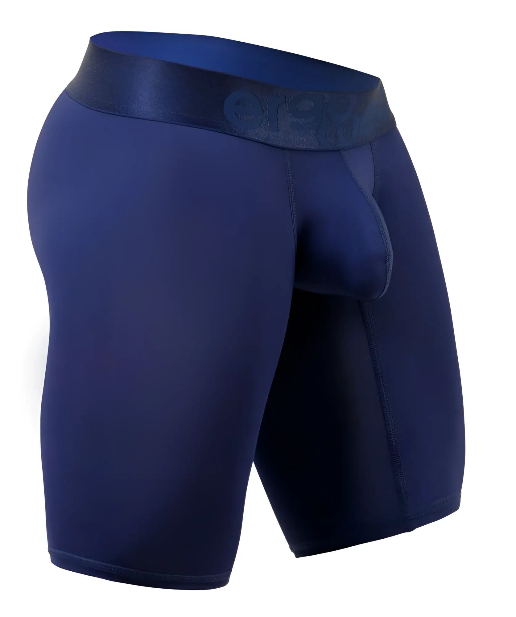 Navy blue men’s boxer briefs with matching elastic waistband featuring org logo from Ergowear EW1781 Max Bold athletic shorts