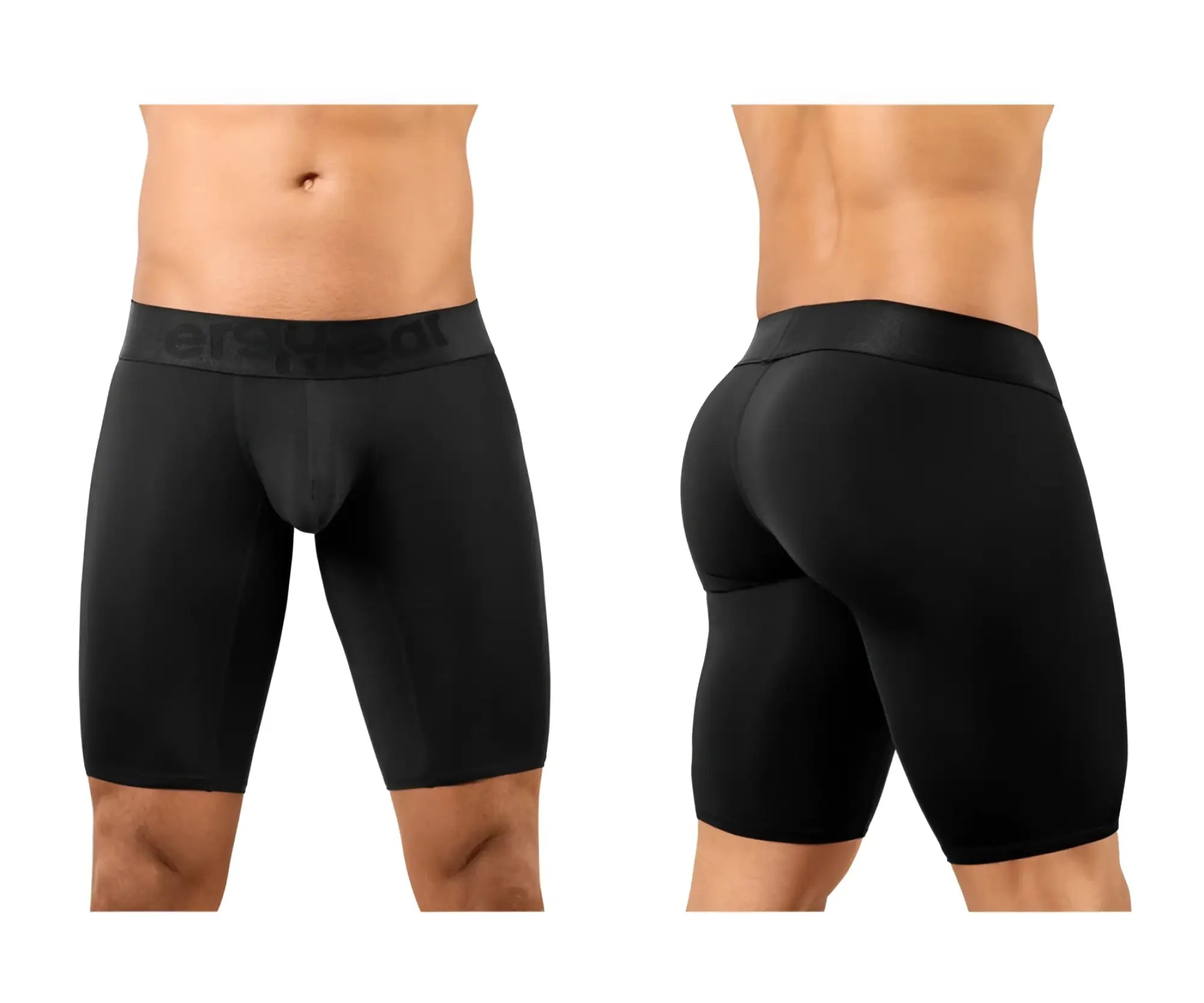Ergowear ew1783 max bold black men’s compression shorts with snug fit and logo on the waistband front view