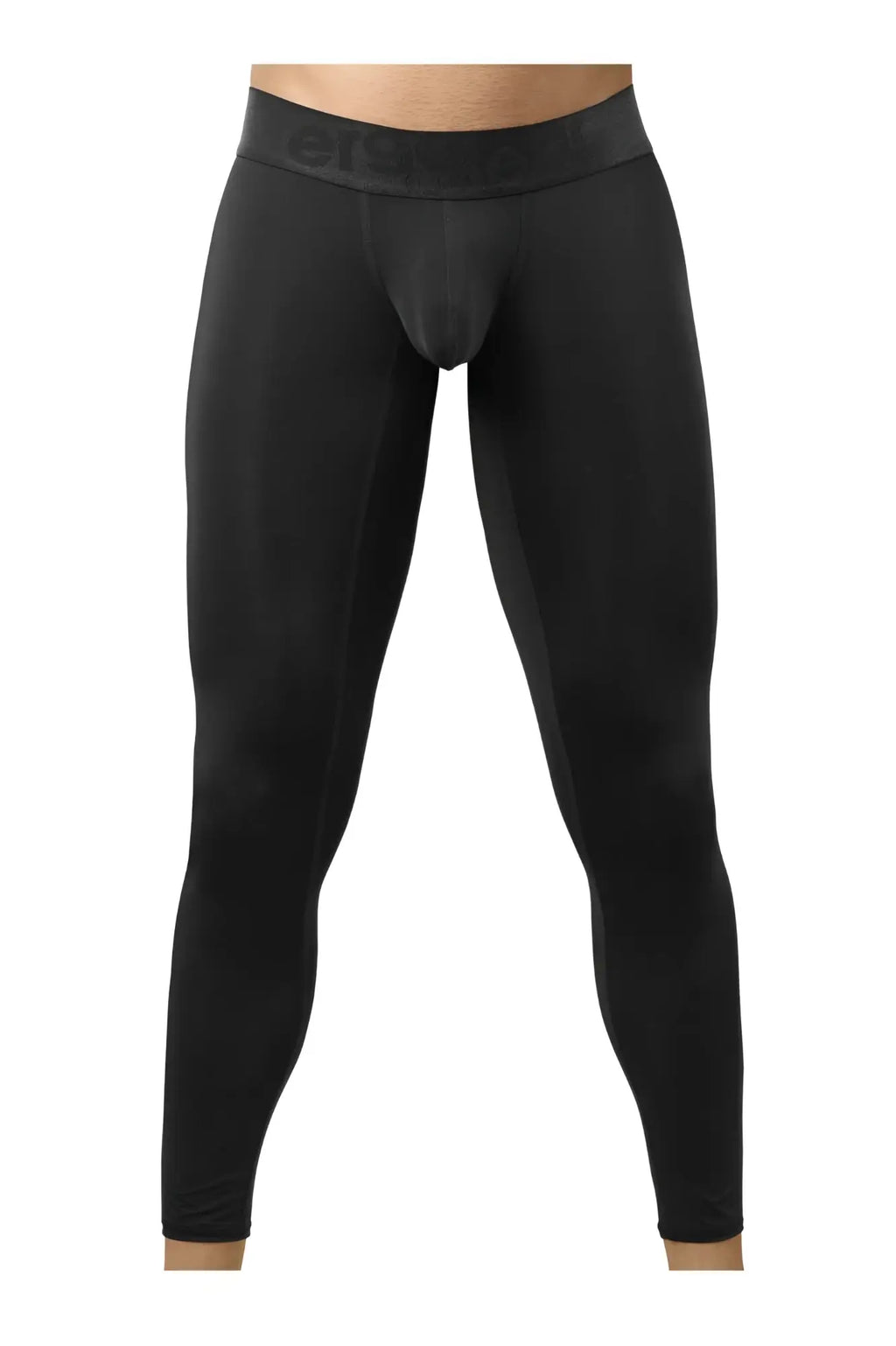 Black form-fitting compression leggings with subtle ergoWear logo on waistband for athletic use