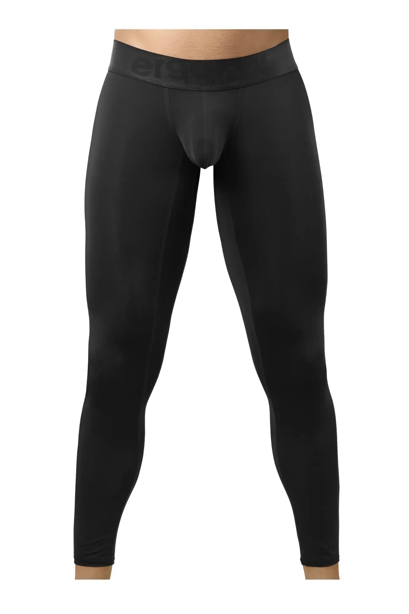 Black form-fitting compression leggings with subtle ergoWear logo on waistband for athletic use