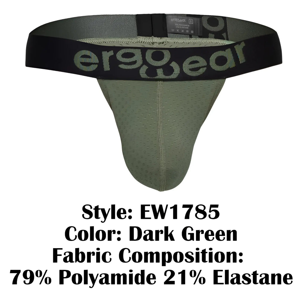 Dark green ergonomic briefs with black waistband featuring the ergo wear logo in gray in a g-string style