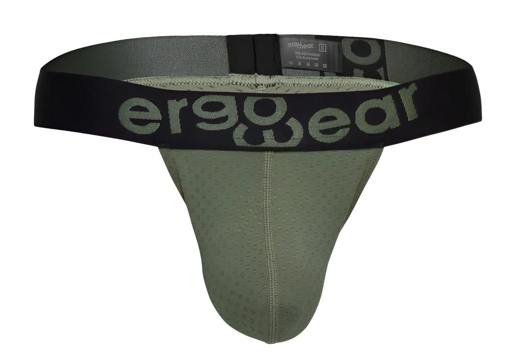 Olive green ergonomic support brief with black waistband and ergo wear branding from ergowear ew1785 max flow g-string