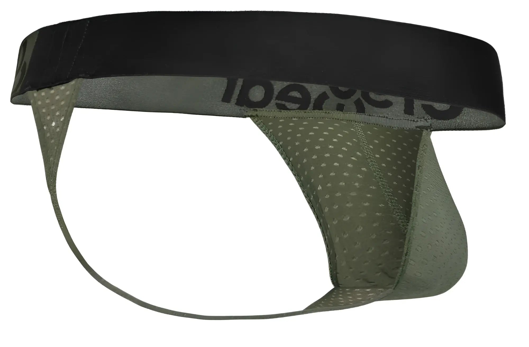 Olive green mesh brief with black elastic waistband and cheetah branding from ergowear ew1785 max flow g-string color dark green