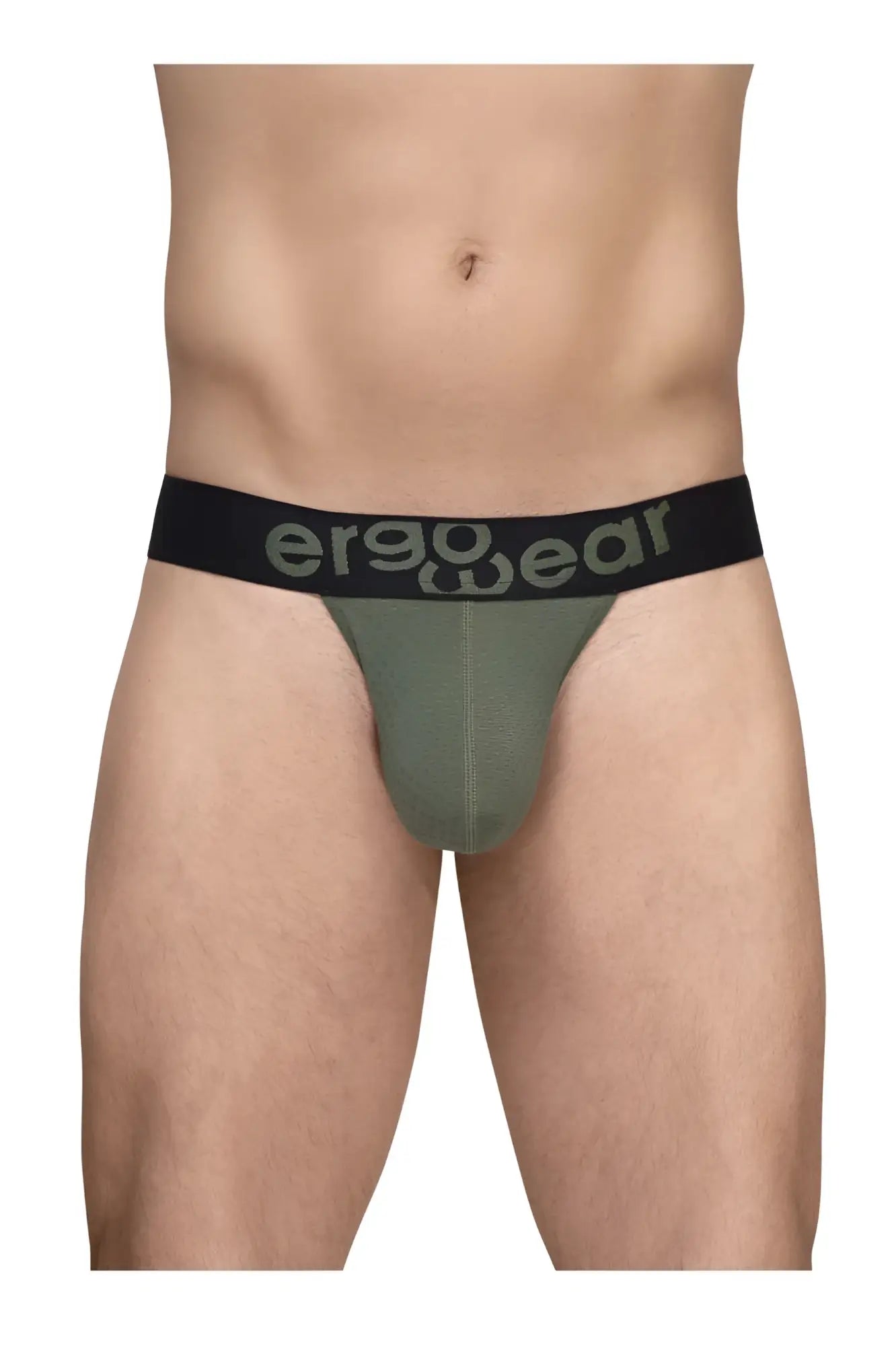 Olive green ergonomic briefs with black waistband and gray ergo wear logo for comfortable daily wear
