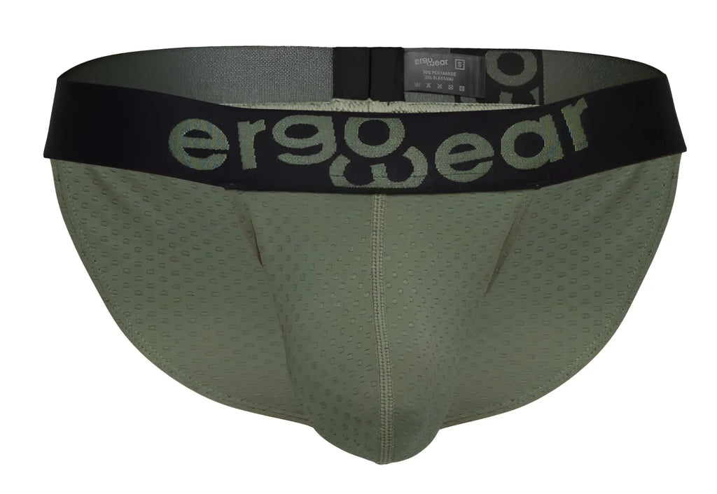 Olive green ergonomic briefs with a black waistband and ergo wear logo in gray designed for maximum flow comfort