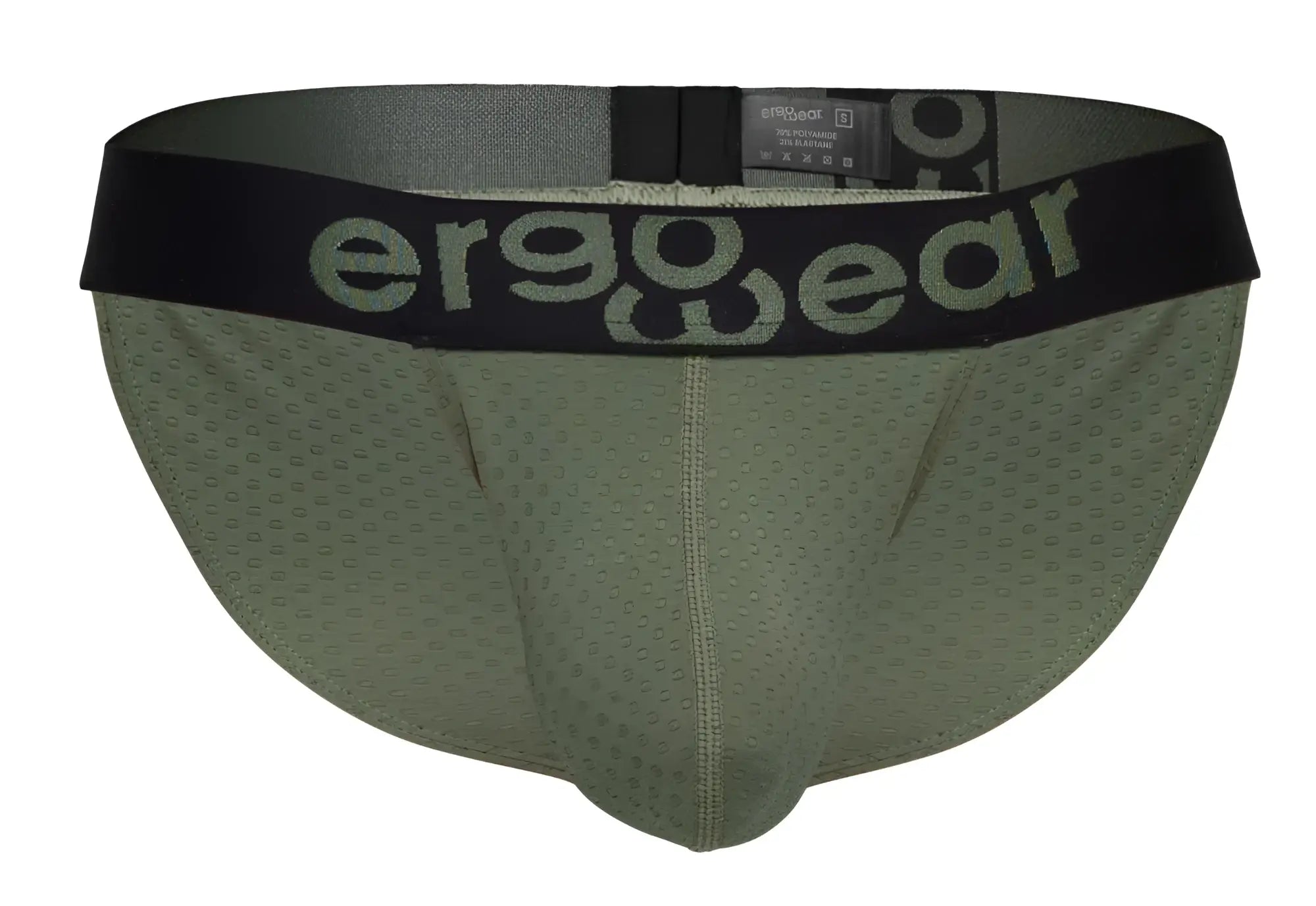 Olive green ergonomic briefs with a black waistband and ergo wear logo in gray designed for maximum flow comfort