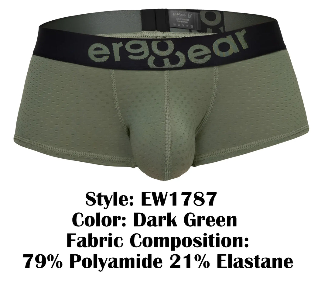 Dark green ergonomic briefs with black ergo wear waistband made from 79 polyamide 21 elastane ergonomic trunks