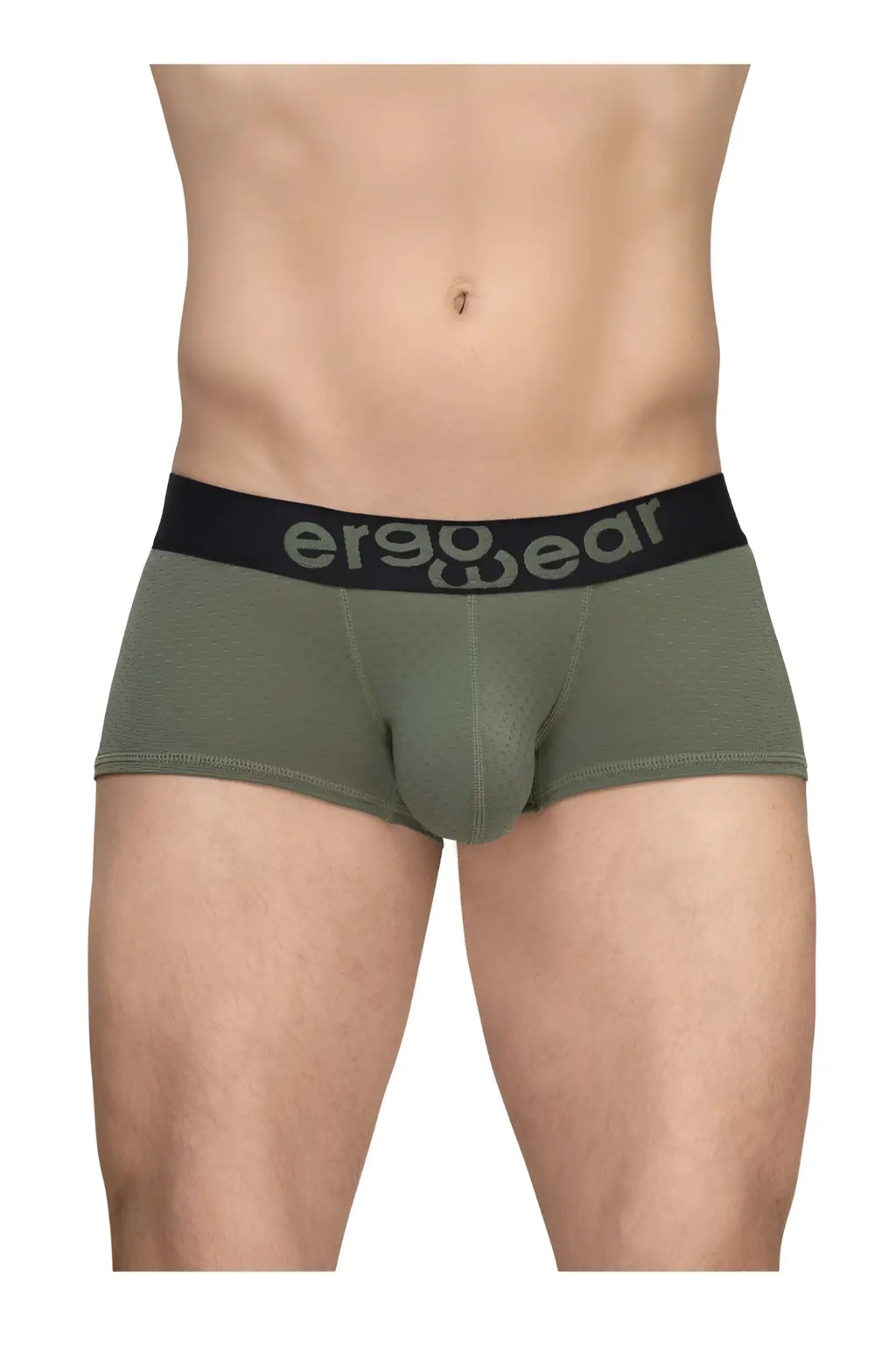 Olive green ergonomic briefs with a black waistband and ergo wear logo in gray from ergowear ew1787 max flow trunks
