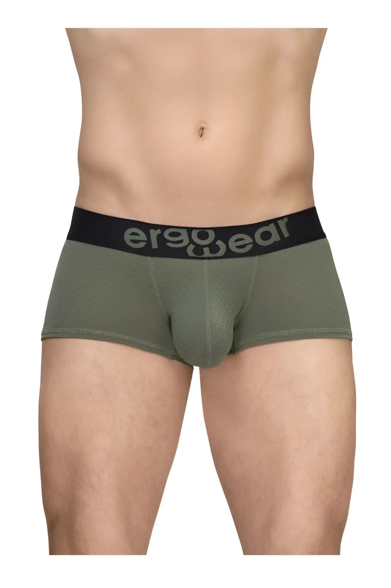 Olive green ergonomic briefs with a black waistband and ergo wear logo in gray from ergowear ew1787 max flow trunks