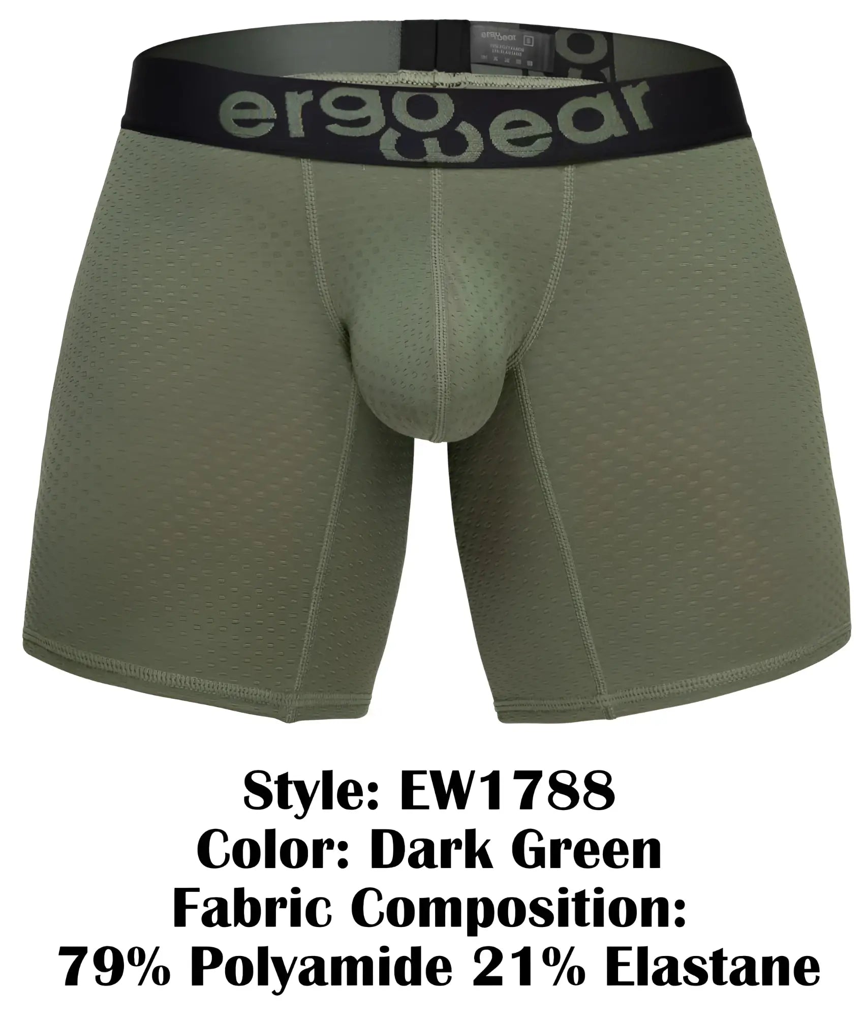 Dark green ergoWear ew1788 max flow ergonomic boxer briefs with black waistband made of 79% polyamide 21% elastane