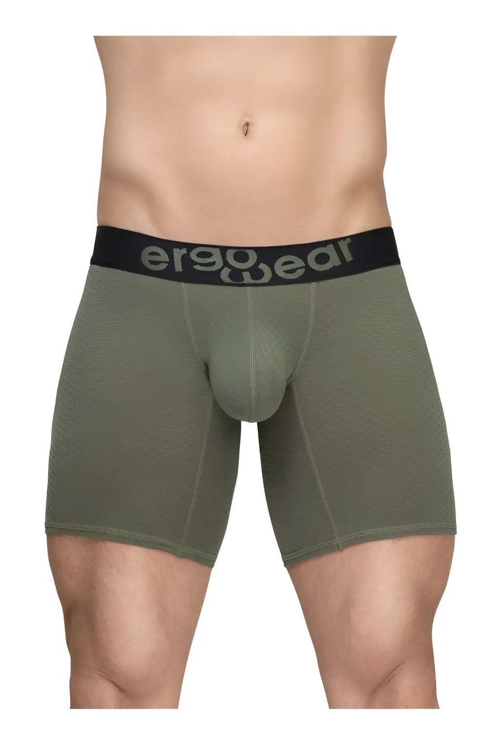 Olive green ergonomic boxer briefs with black ergowear waistband designed for comfort and support in max flow style