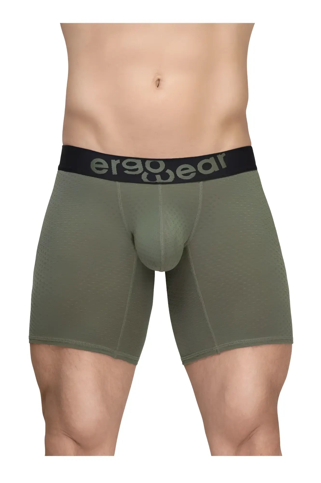 Olive green ergonomic boxer briefs with black ergowear waistband designed for comfort and support in max flow style