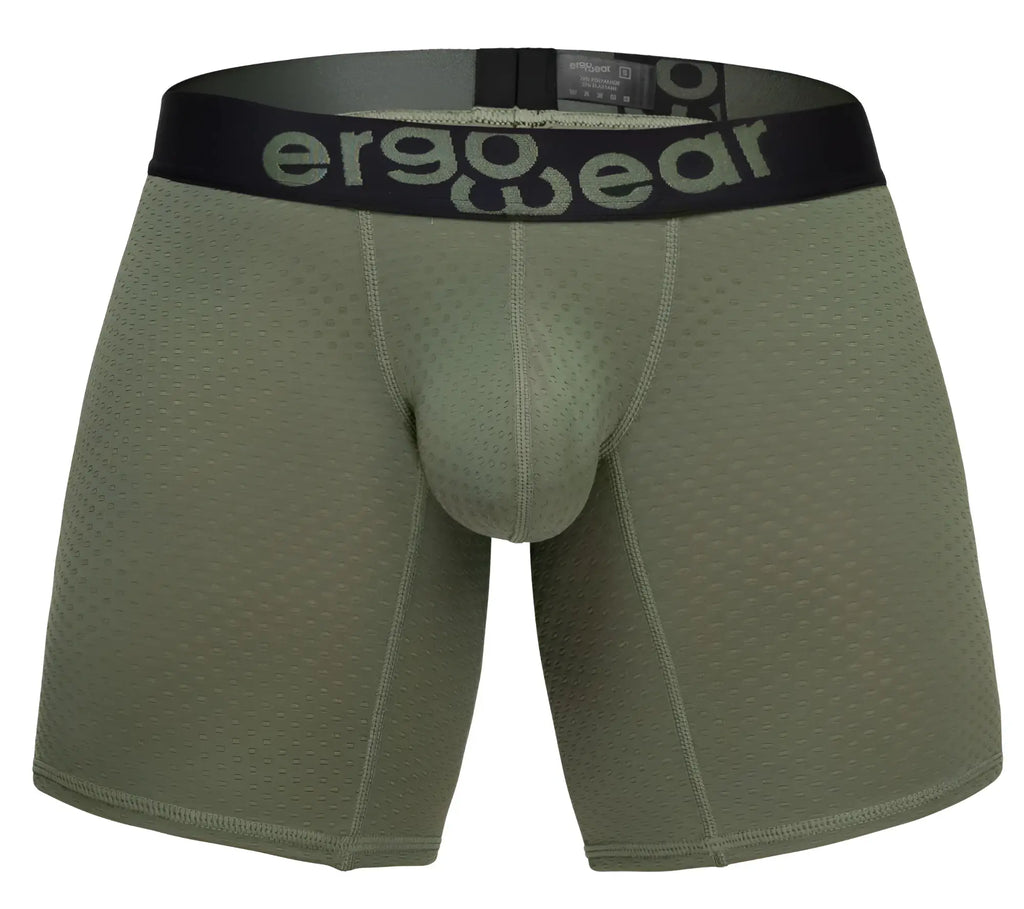 Olive green ergonomic boxer briefs with black ergo wear logo waistband designed for comfort and support
