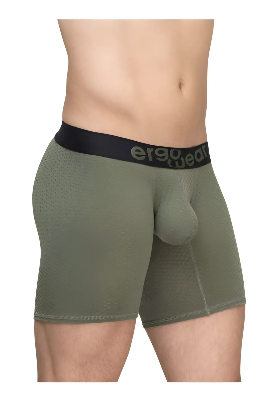 Olive green ergonomic boxer briefs with black ergojeans waistband designed for comfort and breathability