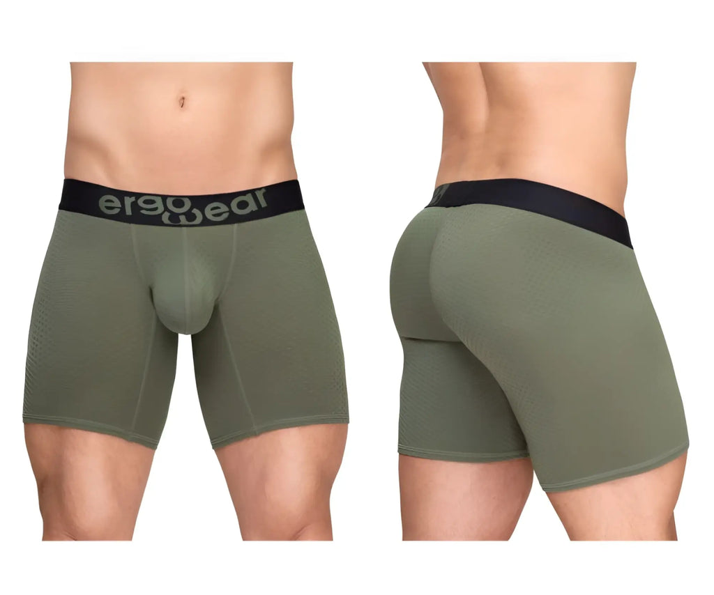 Olive green ergonomic boxer briefs with black waistband featuring the er90wear logo from ergowear ew1788 max flow collection