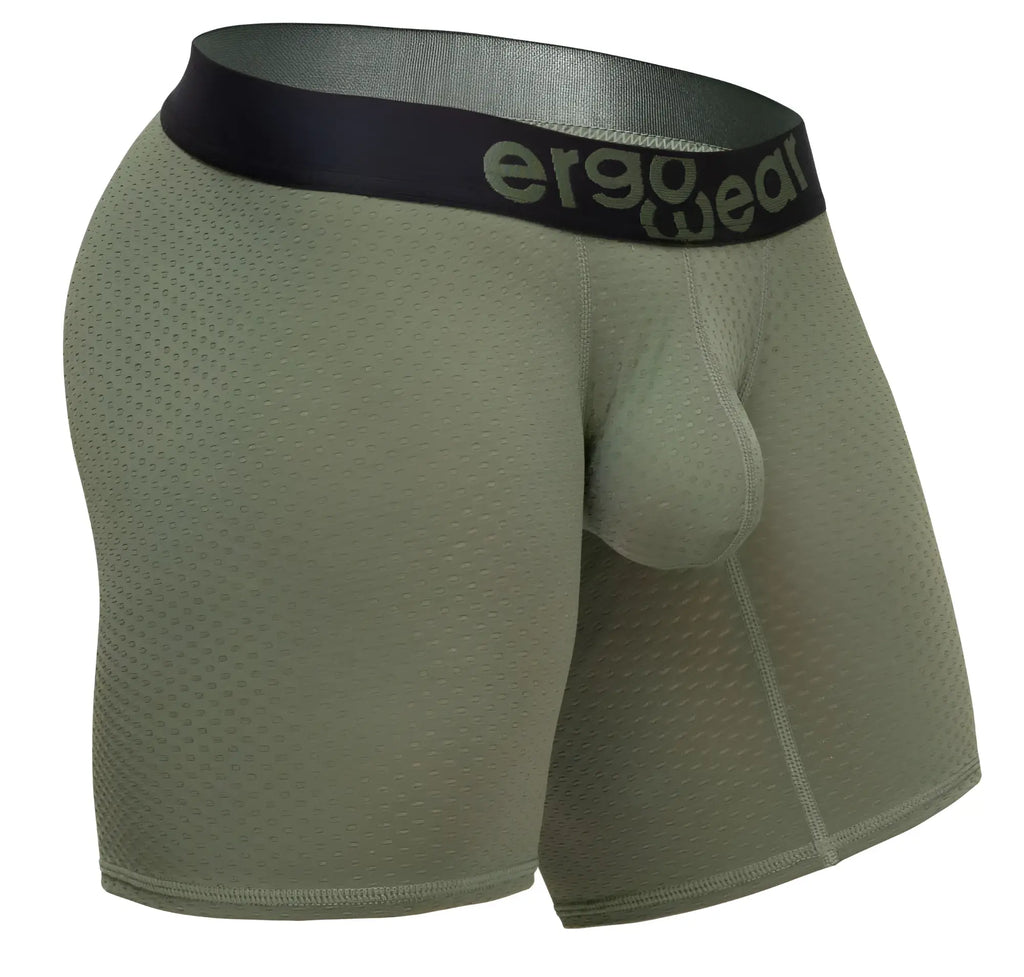 Olive green ErgoWear EW1788 MAX FLOW ergonomic boxer briefs with black waistband and ErgoWear logo