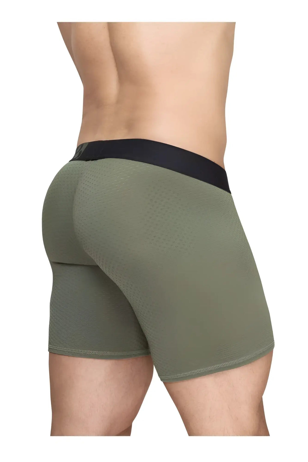 Olive green textured men’s boxer briefs with black elastic waistband from ergowear ew1788 max flow collection