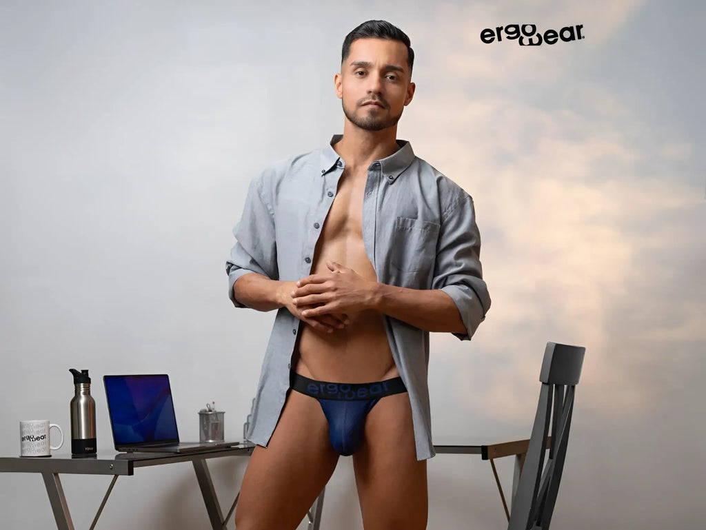 Navy blue ergowear ergonomic briefs with black elastic waistband and breathable max flow fabric design