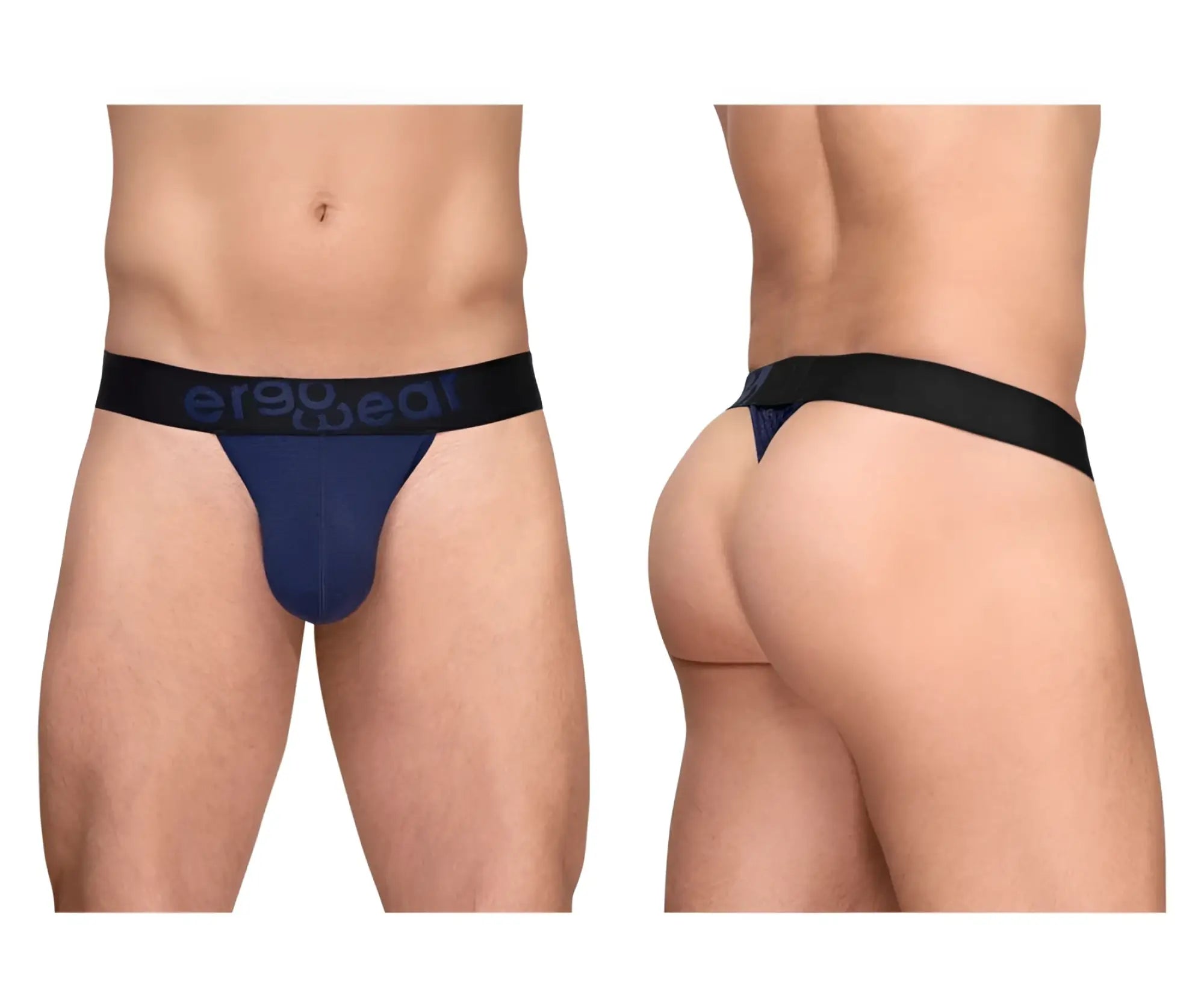 Navy blue ergonomic briefs with black waistband and ergo deal branding in dark gray from ergowear ew1789 max flow g-string