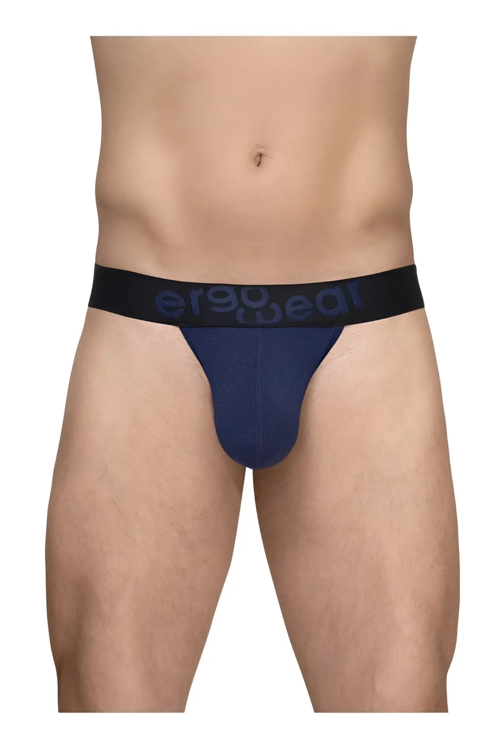 Navy blue ergo wear ew1789 max flow g-string briefs with ergonomic design and black waistband with dark gray logo