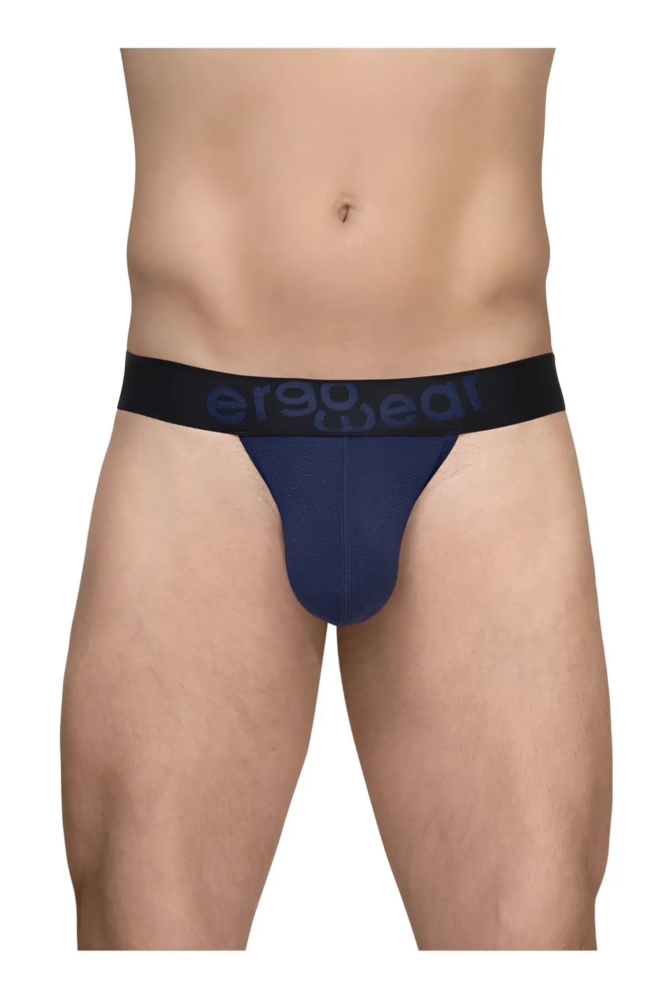 Navy blue ergo wear ew1789 max flow g-string briefs with ergonomic design and black waistband with dark gray logo