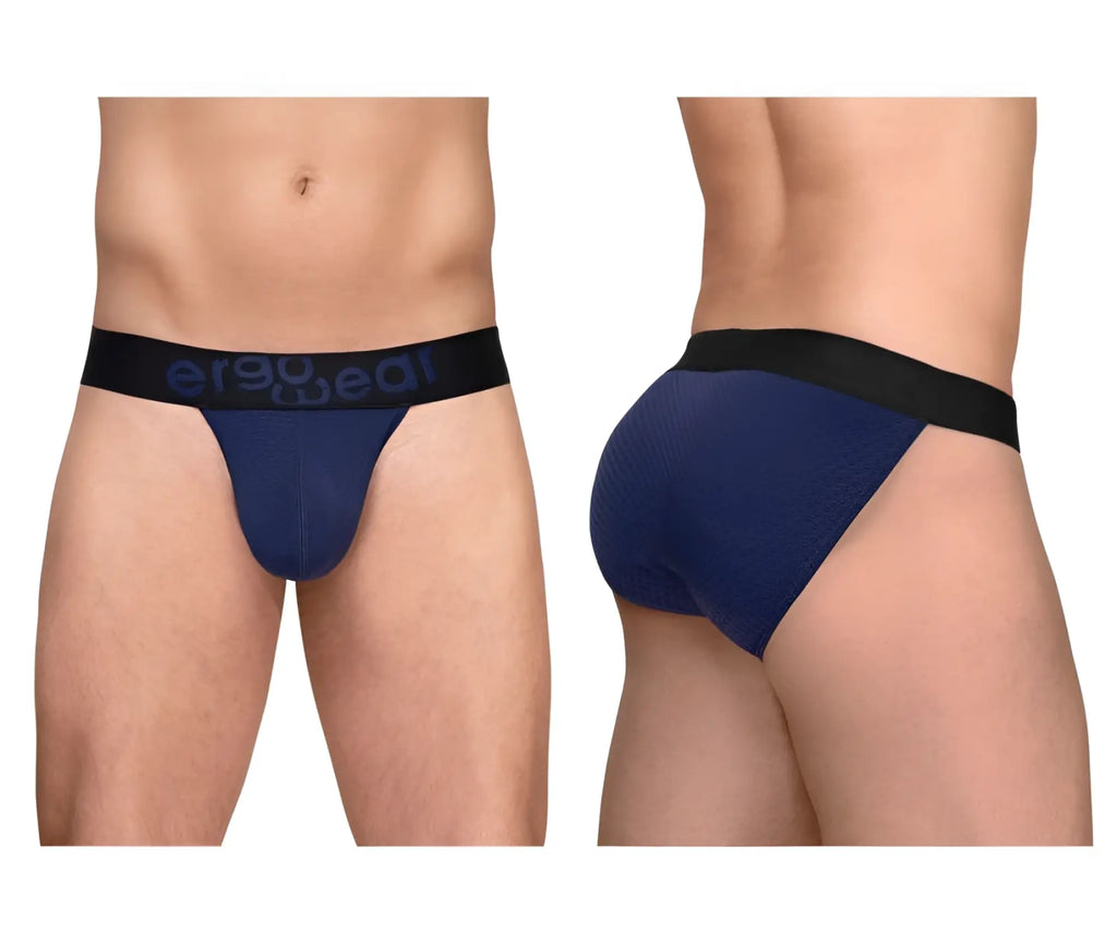 Navy blue ergonomic briefs with black waistband featuring the ergo real logo from ergowear ew1790 max flow bikini collection
