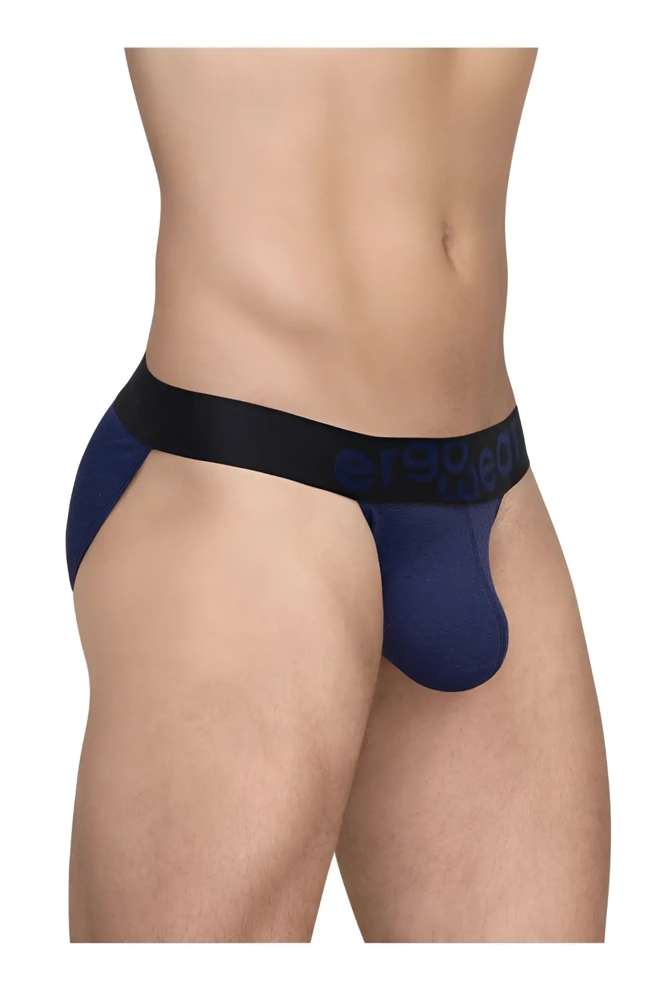 Navy blue men’s briefs with black elastic waistband branded erased in light gray from ergowear ew1790 max flow bikini collection