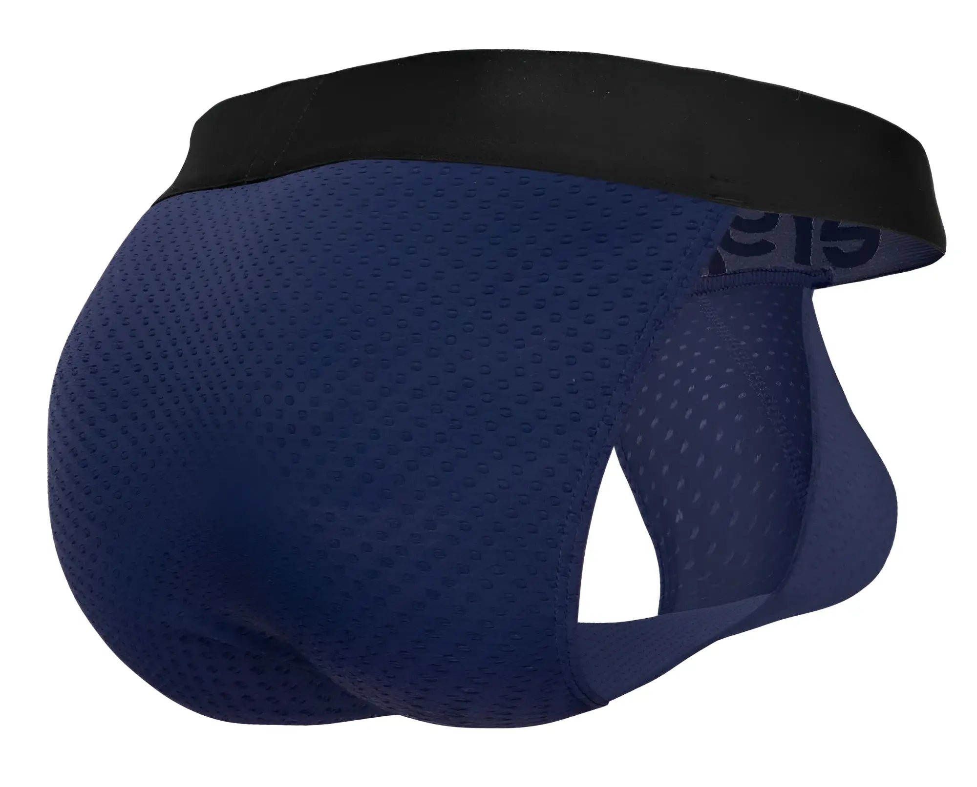 Navy blue mesh briefs with black elastic waistband ergonomic design by ergowear max flow bikini dark blue color
