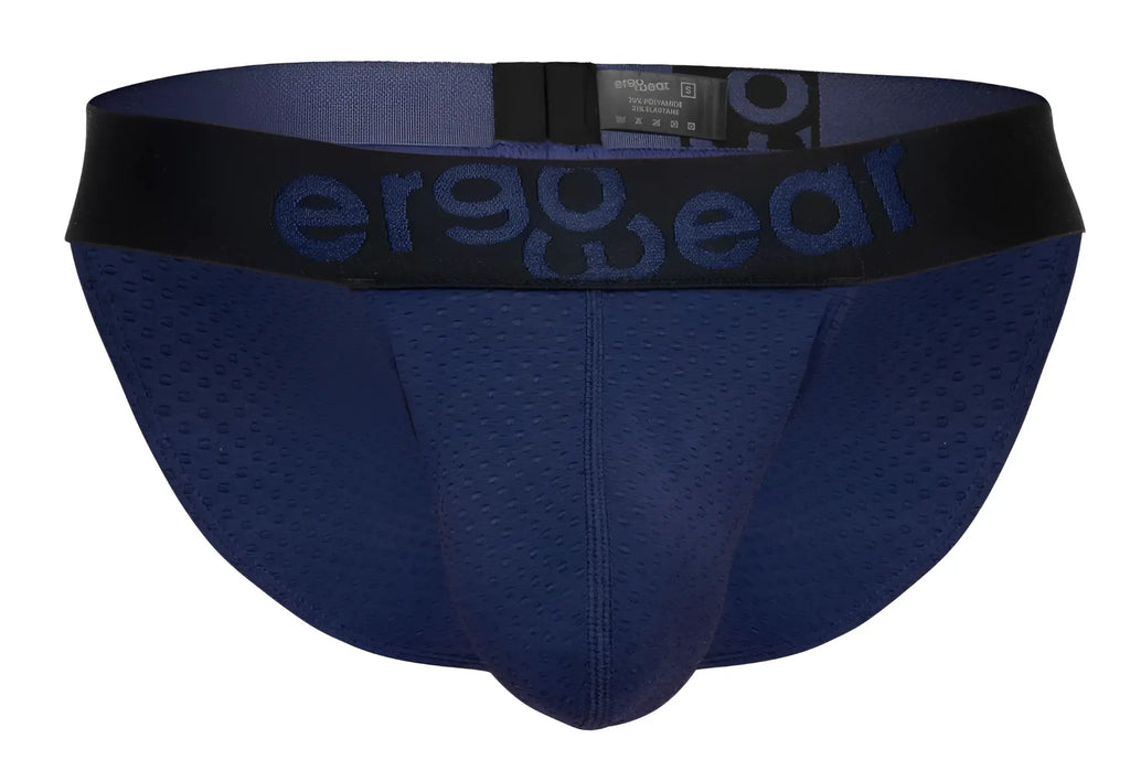 Navy blue perforated mesh briefs with black elastic waistband and ergo wear logo in ergo wear ew1790 max flow bikini