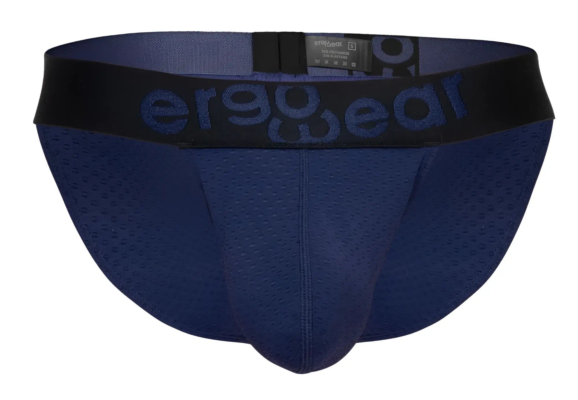 Navy blue perforated mesh briefs with black elastic waistband and ergo wear logo in ergo wear ew1790 max flow bikini