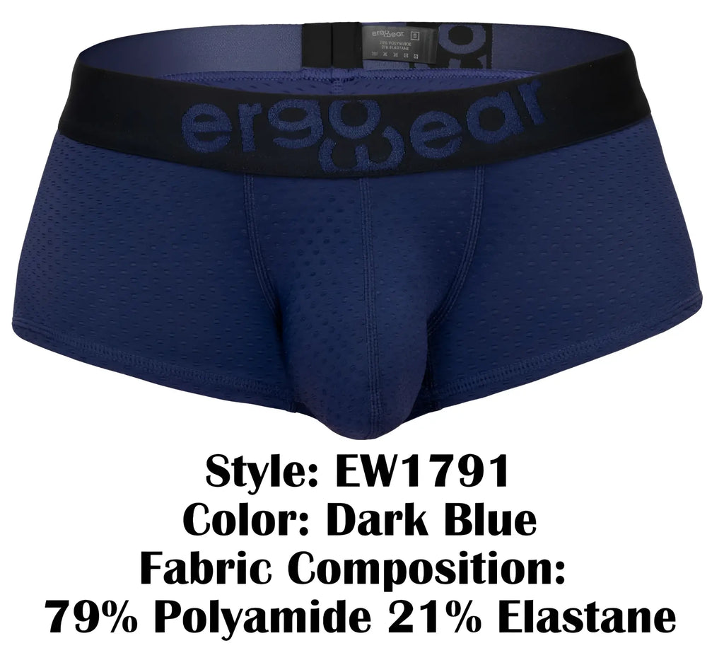 Dark blue ergo wear ew1791 max flow ergonomic briefs with black waistband featuring matching logo