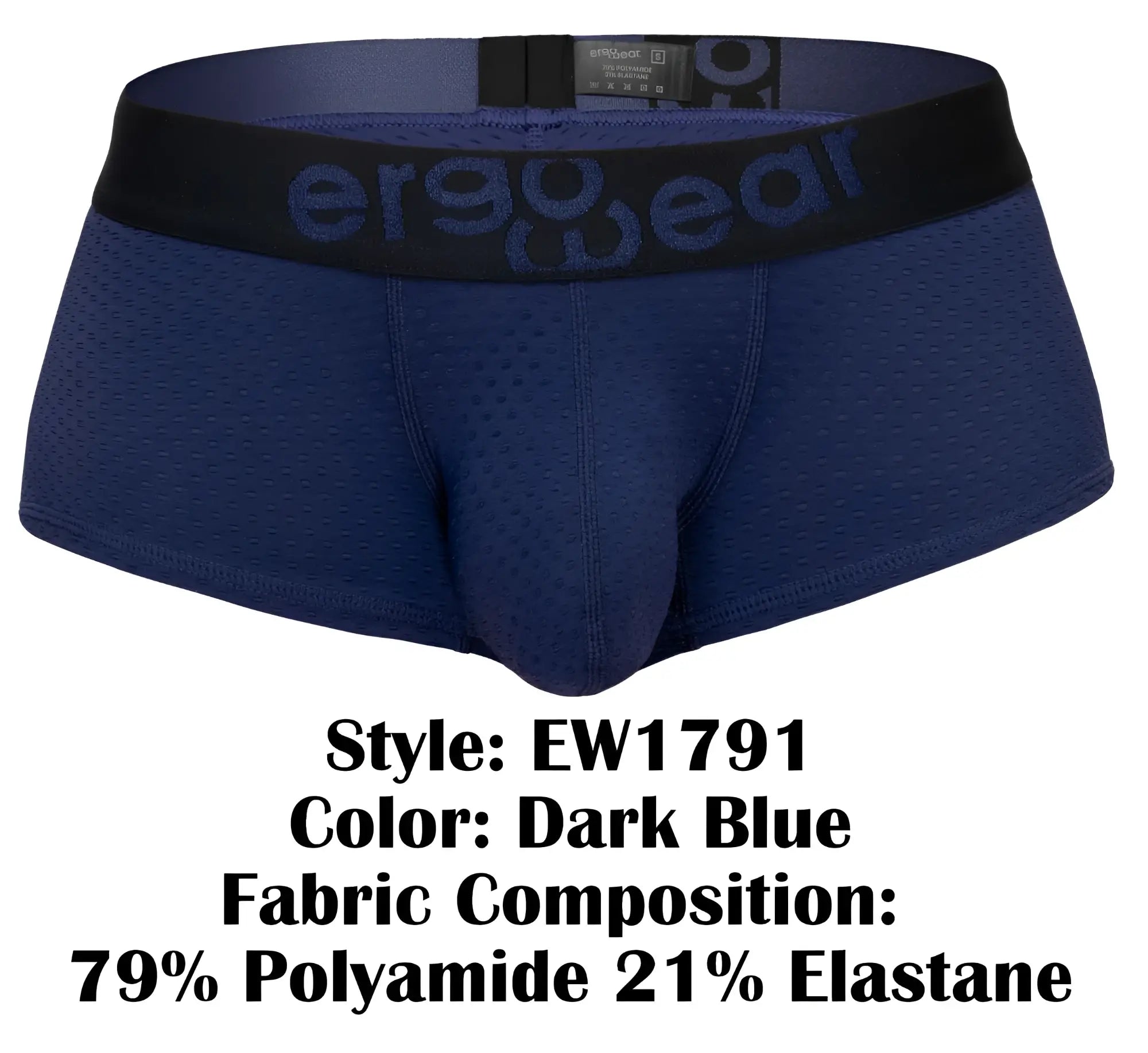 Dark blue ergo wear ew1791 max flow ergonomic briefs with black waistband featuring matching logo