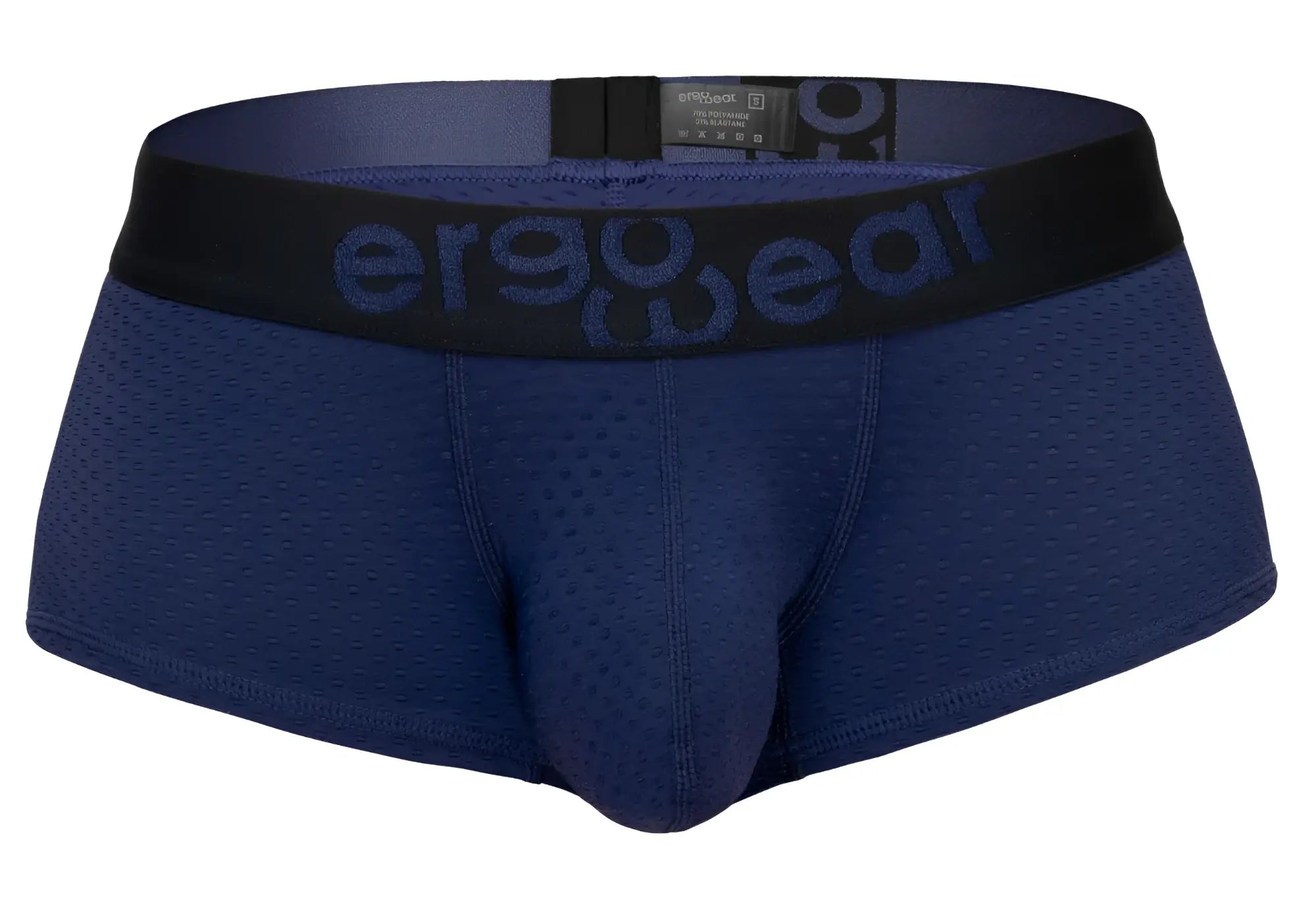 Navy blue ergonomic briefs with black waistband and ergo wear logo in dark blue lettering from ergowear ew1791 max flow trunks