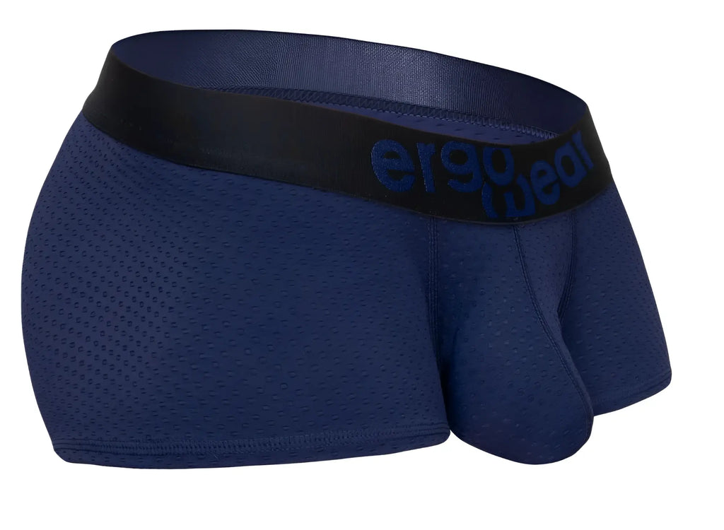 Navy blue ergo wear ew1791 max flow trunks with mesh fabric and black elastic waistband featuring logo in dark blue