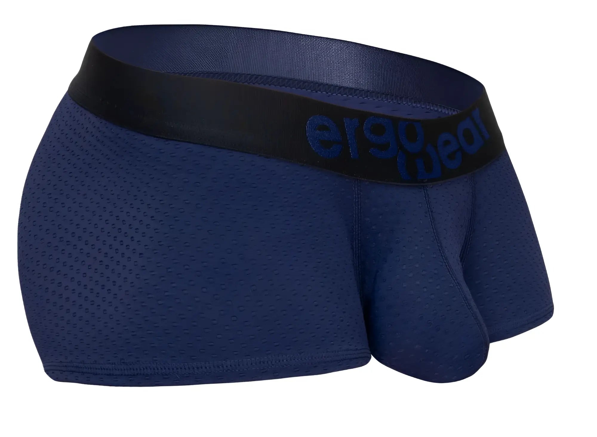 Navy blue ergo wear ew1791 max flow trunks with mesh fabric and black elastic waistband featuring logo in dark blue