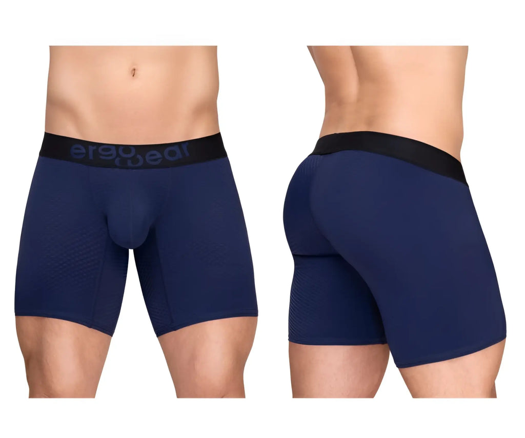 Navy blue ergonomic boxer briefs with black waistband and ergo wear logo designed for maximum flow comfort