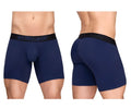 Navy blue ergonomic boxer briefs with black waistband and ergo wear logo designed for maximum flow comfort