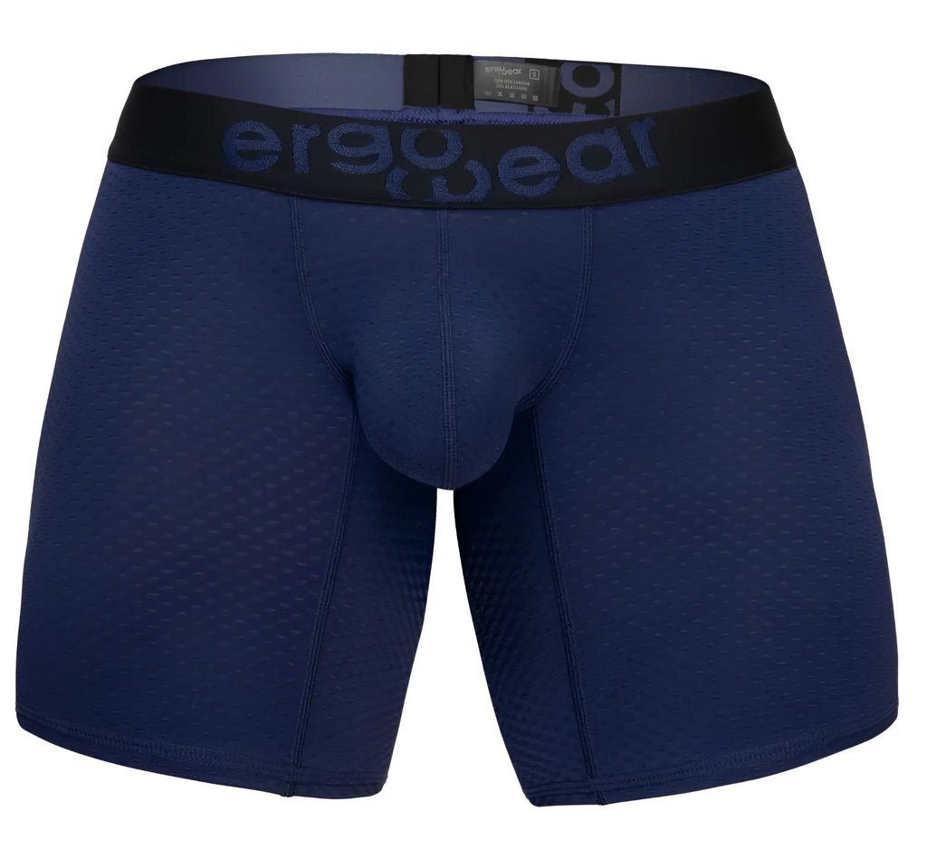 Navy blue ergonomic ergo gear boxer briefs with black waistband and dark gray logo designed for maximum comfort