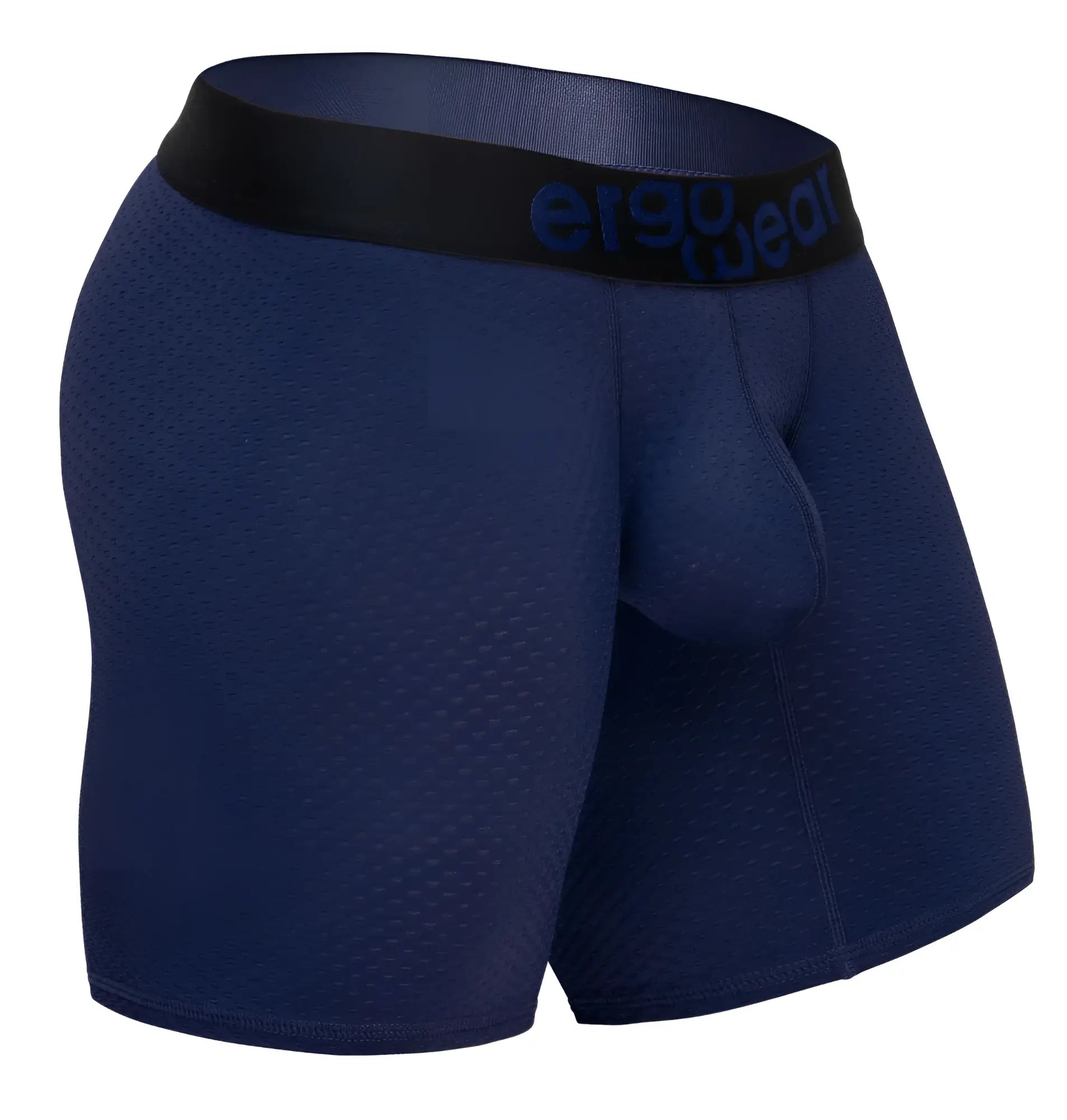Navy blue ergo gear ergonomic boxer briefs with black waistband and logo designed for maximum breathability and comfort