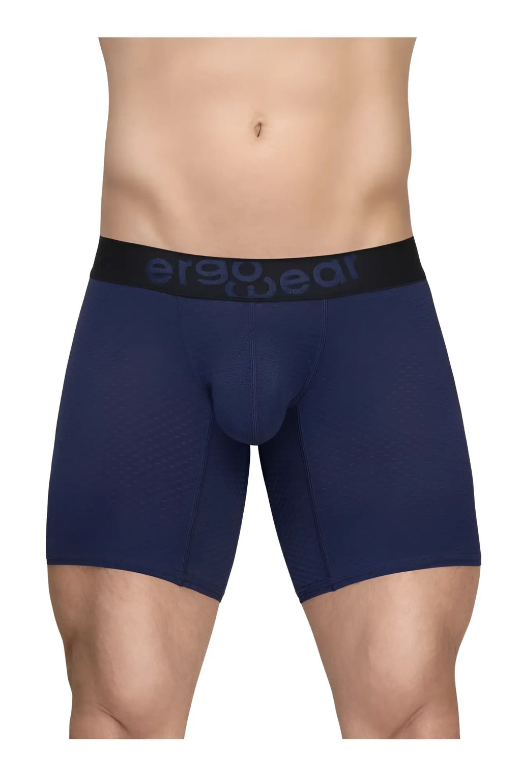 Navy blue ergonomic boxer briefs with black waistband and ergo wear logo in gray from ErgoWear EW1792 MAX FLOW collection