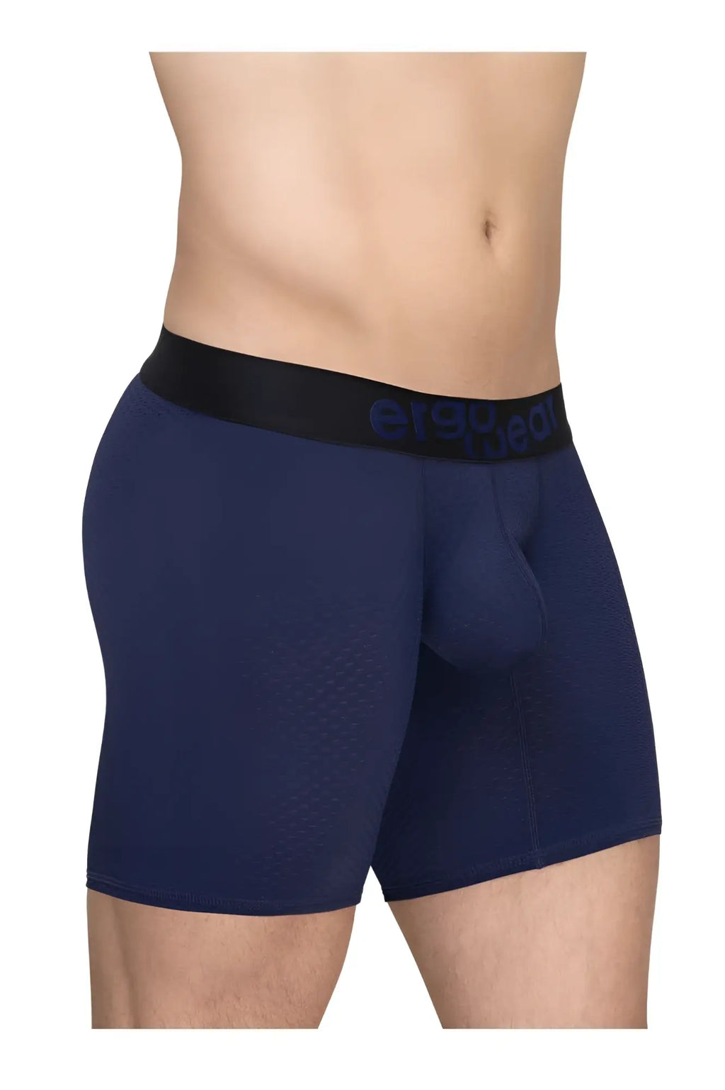 Navy blue textured ergoWear ew1792 max flow boxer briefs with black waistband and erect brand name in dark gray lettering