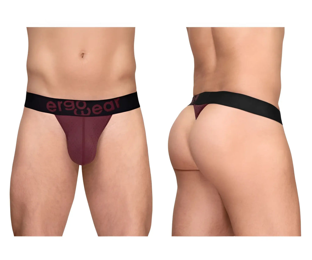 ErgoWear ew1793 max flow g-string in maroon with a black waistband featuring the pink ergo wear logo front view