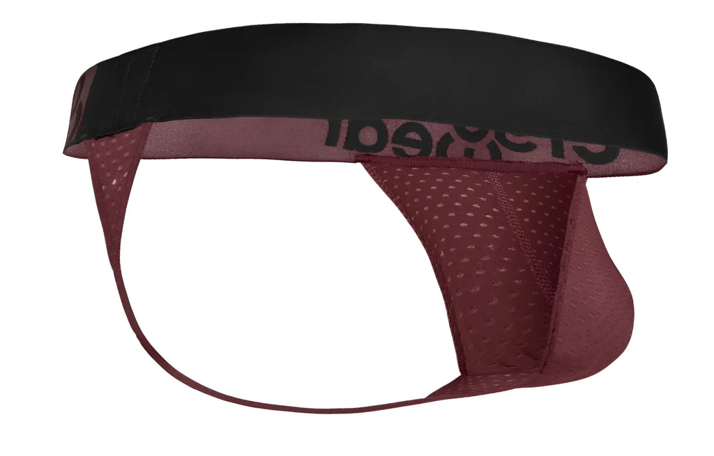 Maroon mesh ergo wear ew1793 max flow g-string with black elastic waistband and cleareal branding visible from the back