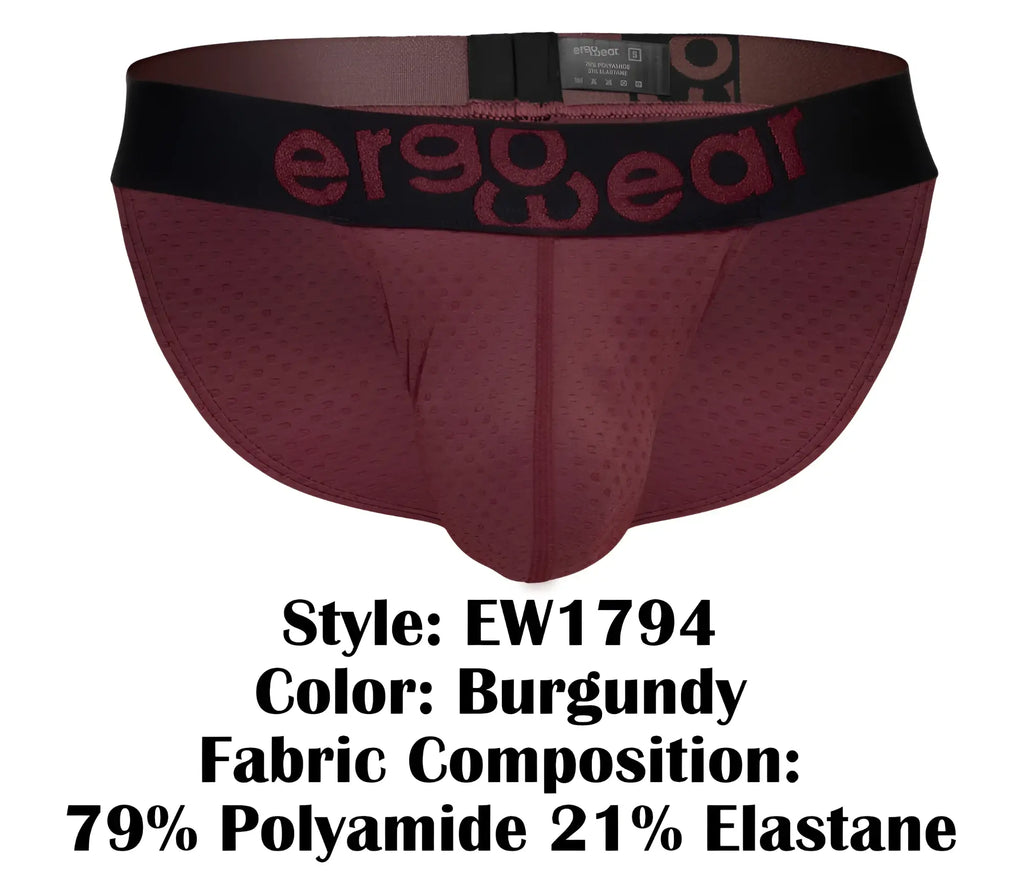 Ergowear ew1794 max flow burgundy bikini briefs with ergonomic fit and black waistband featuring logo lettering