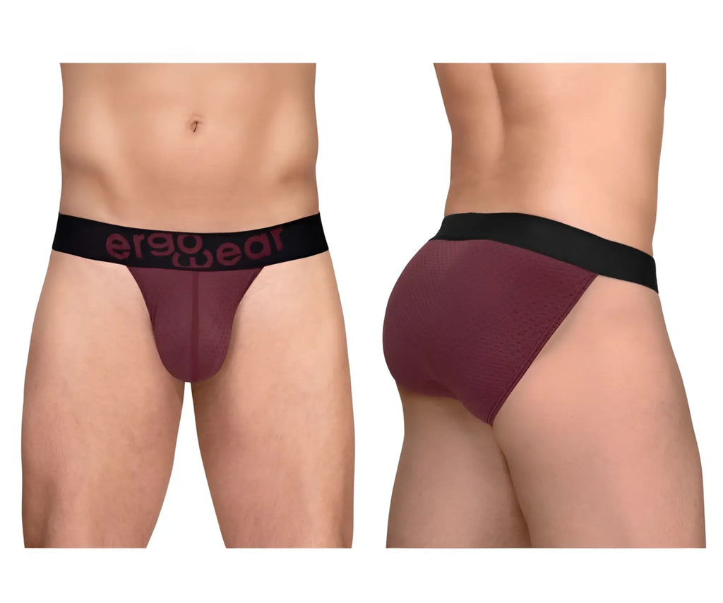 Ergowear ew1794 max flow bikini briefs in burgundy with ergonomic design and black waistband with maroon logo