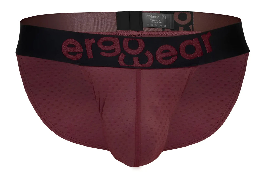Ergowear ew1794 max flow bikini briefs in burgundy with a black waistband and maroon logo for ergonomic comfort