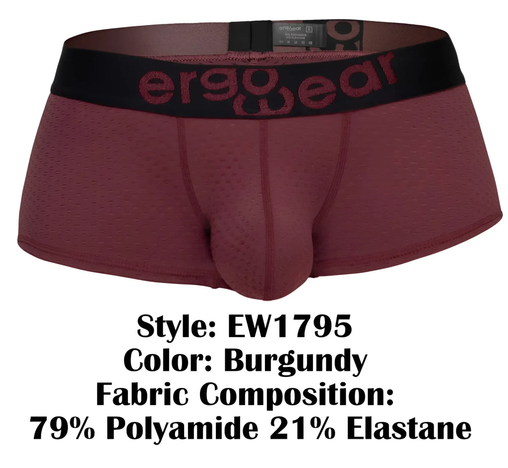 Burgundy ergo wear ew1795 max flow trunks with black waistband made of 79 polyamide and 21 elastane for ergonomic comfort